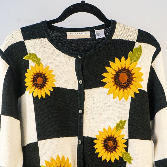 90s Maria Christian Ramie Check Print Sunflower Sweater - Picture 2 of 4